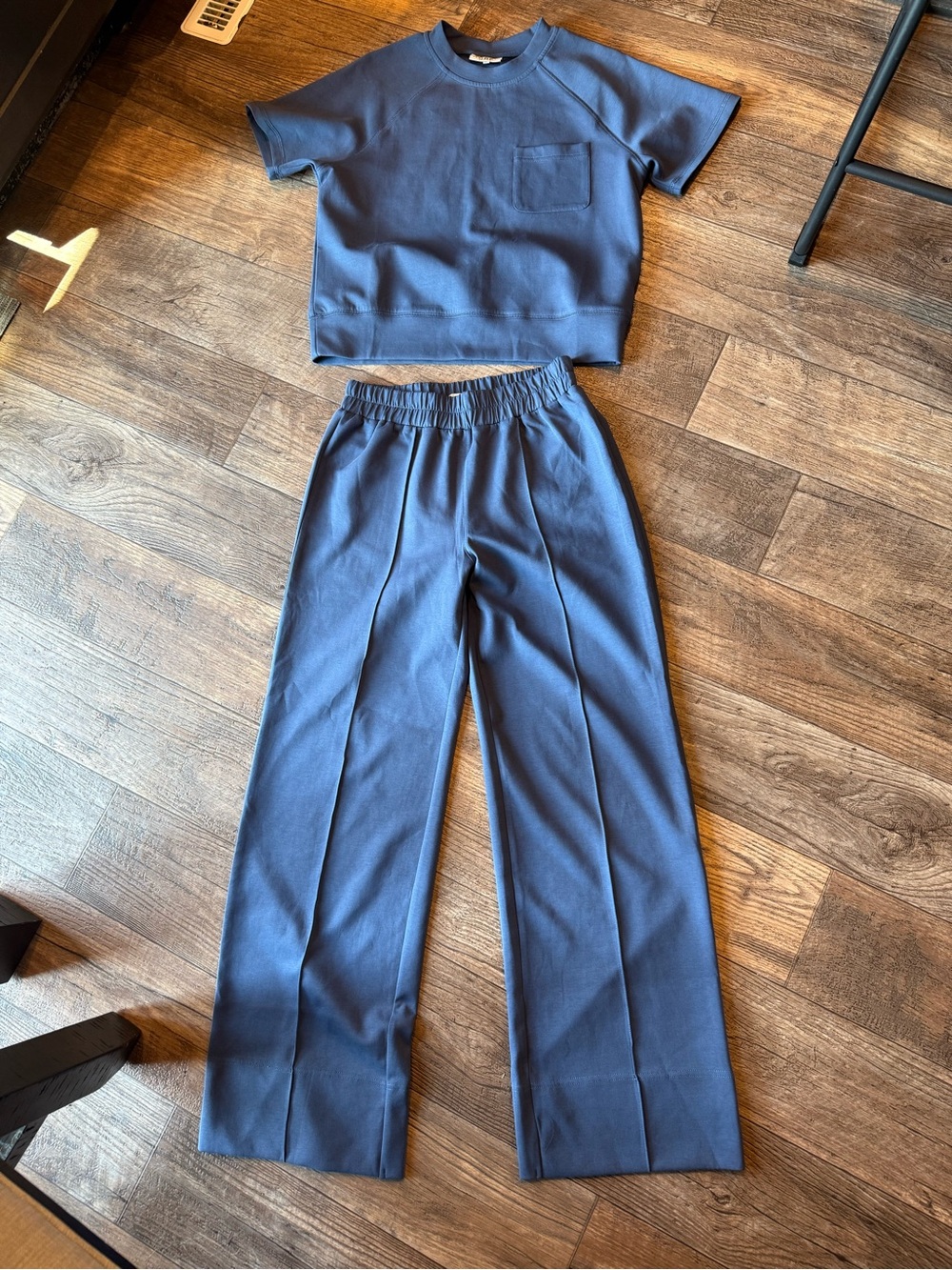 Blue Short-Sleeve Pocket Tee small by The Greii and wide leg pants mediuma set